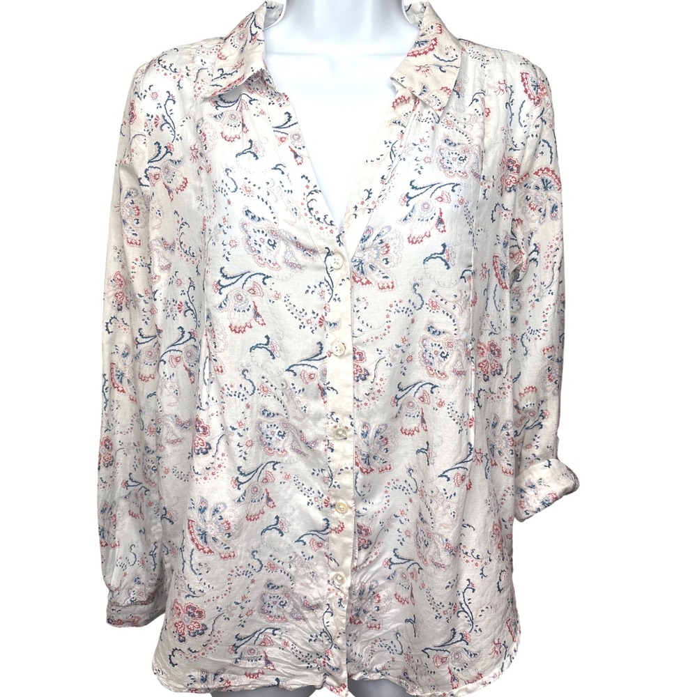 JOIE White Paisley Silk Blend Button Up Blouse XS Roll Tab Lightweight Coastal